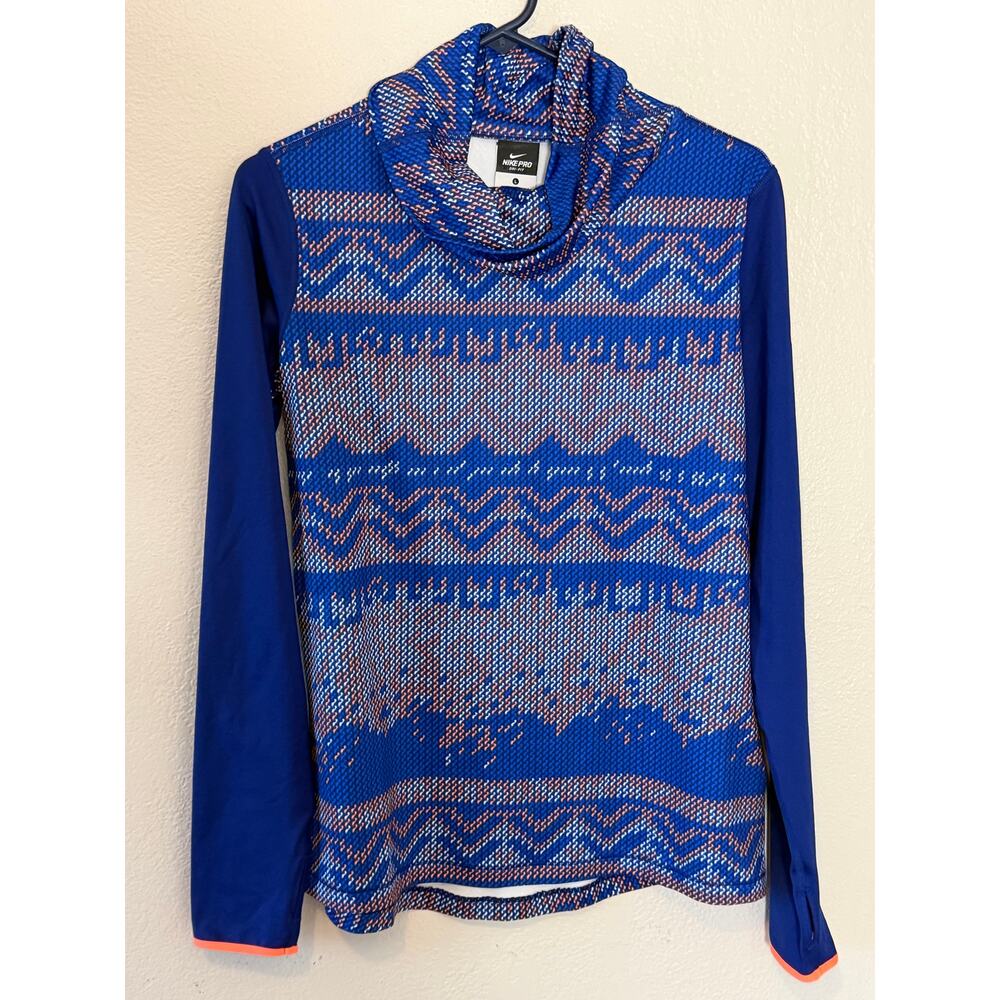 Womens Nike Pro Dri-Fit Blue Orange Long Sleeve Cowl Neck Running Shirt Top Sz L